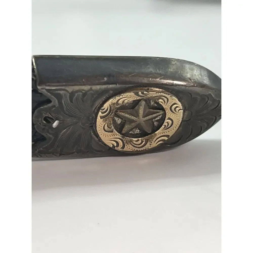 NOCONA 34” Concho Belt Silver 14K Gold Fill on Hand Tooled Leather Belt VTG READ